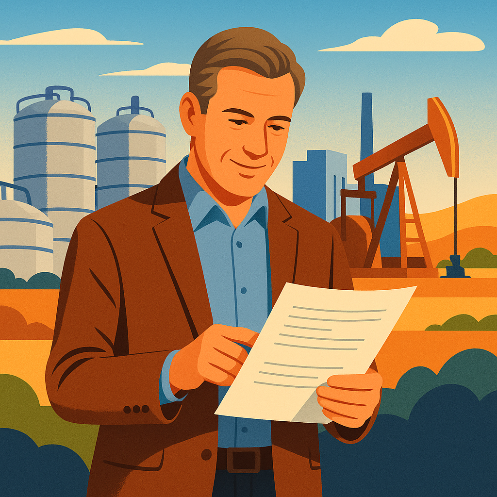 Buyer reviewing commodity contract with industrial background