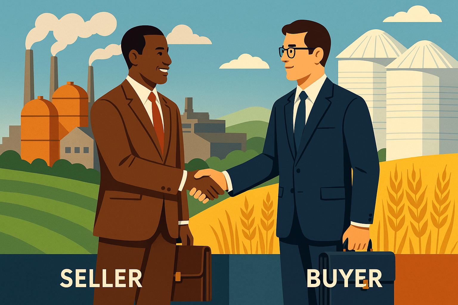 Buyer and seller shaking hands with commodities in background
