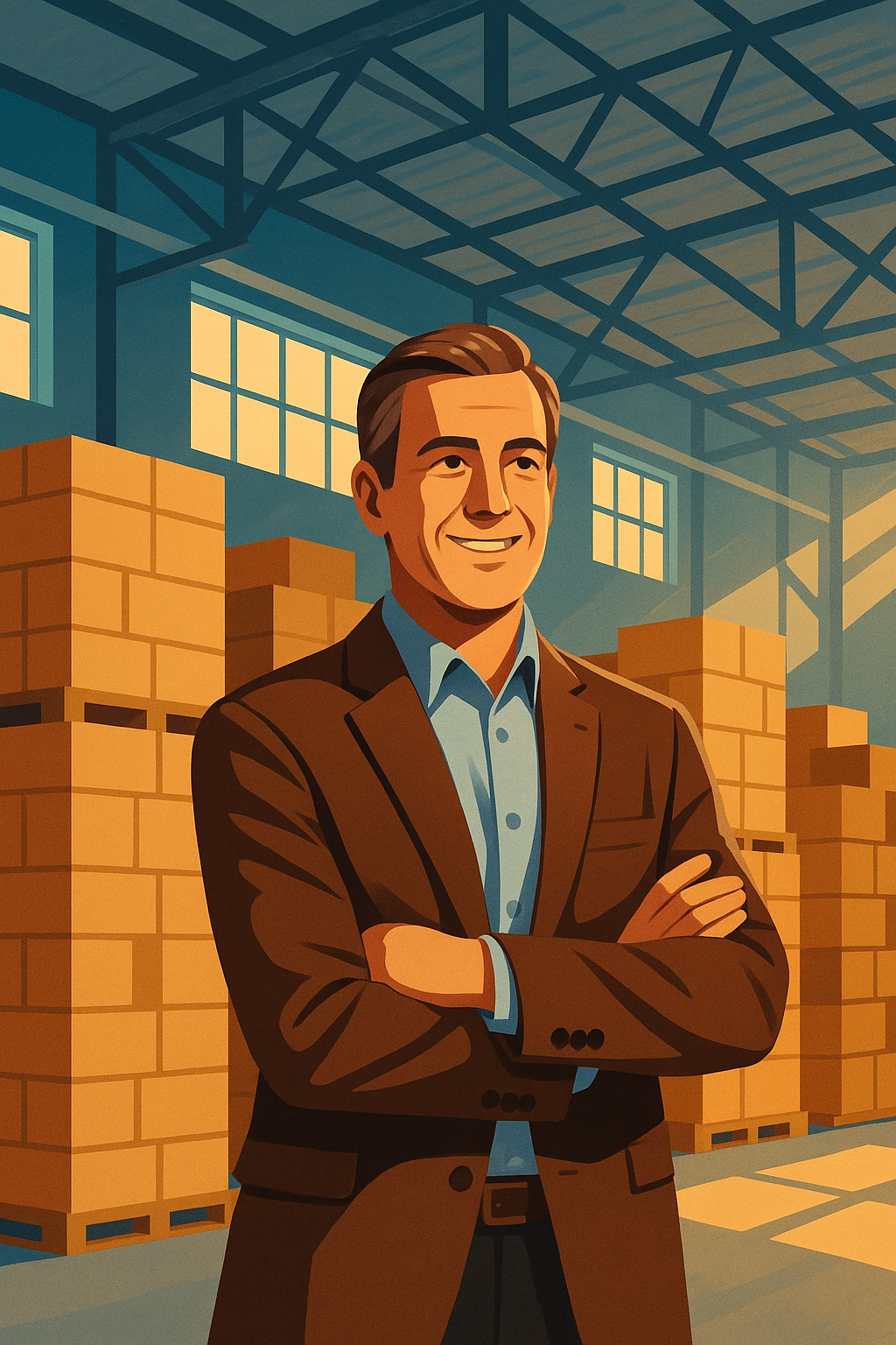 Confident seller managing inventory in a warehouse